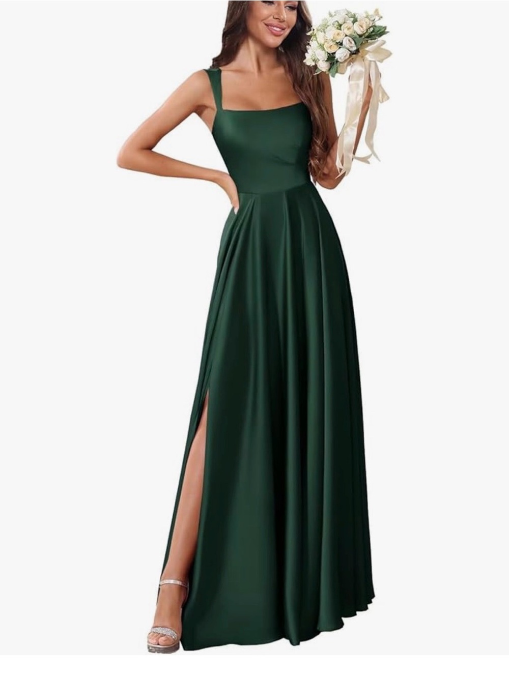 Elegant Satin Dark Green Square-Neck Evening Dress